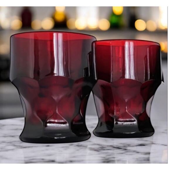 2- Vintage MCM Georgian /Honeycomb Ruby Red-5oz Flat Based Tumblers -3”x 2.75” - Picture 2 of 5